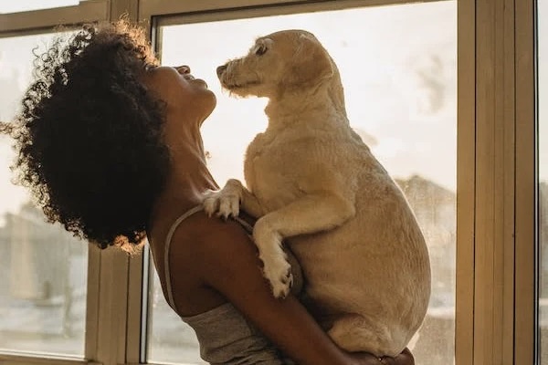 a woman holding a dog